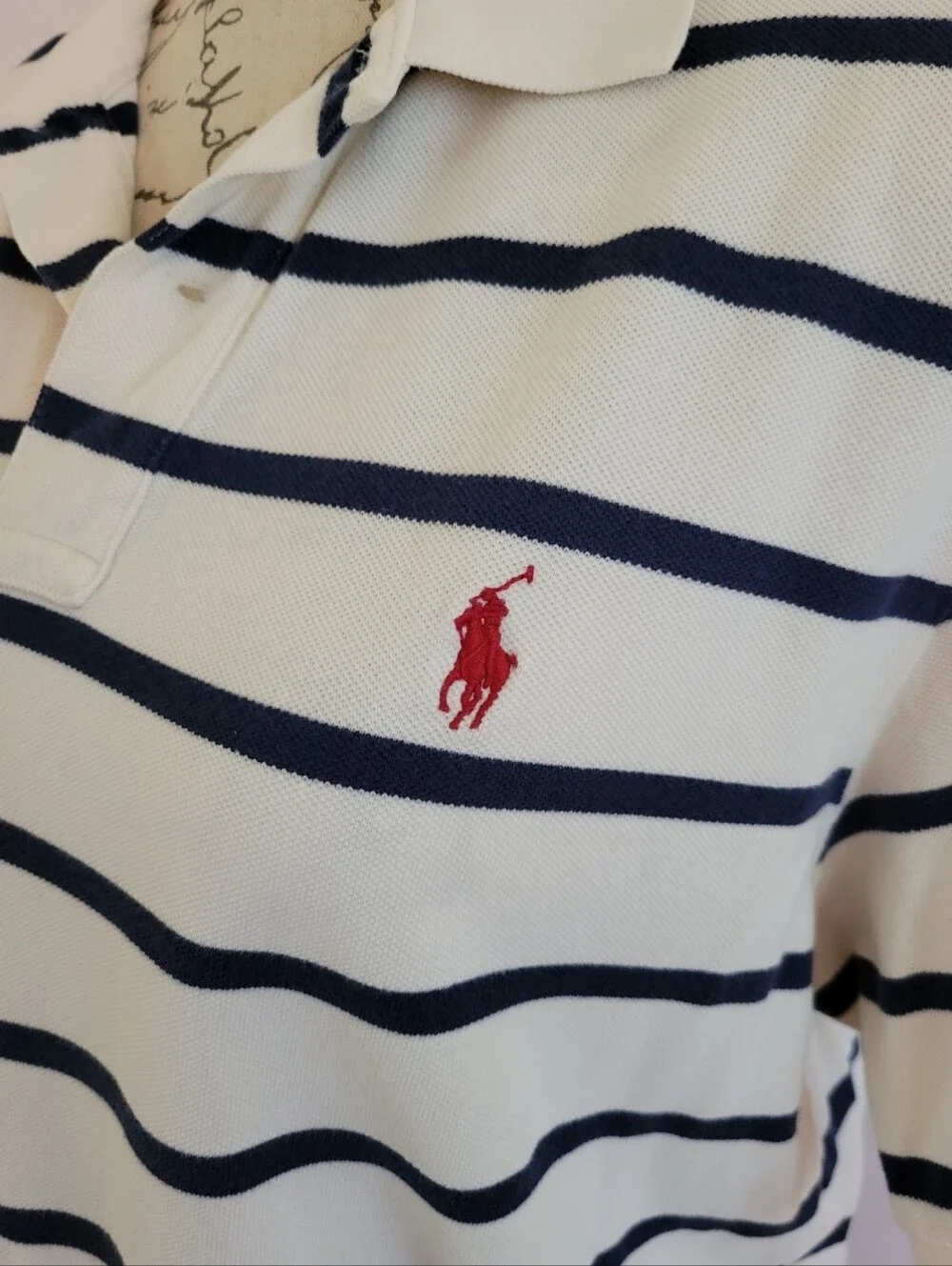 Ralph Lauren White Polo with Navy Stripes Size L